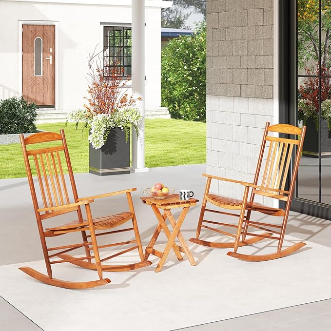 Tangkula 3-Piece Outdoor Poplar Wood Rocking Bistro Set, High Back Front Porch