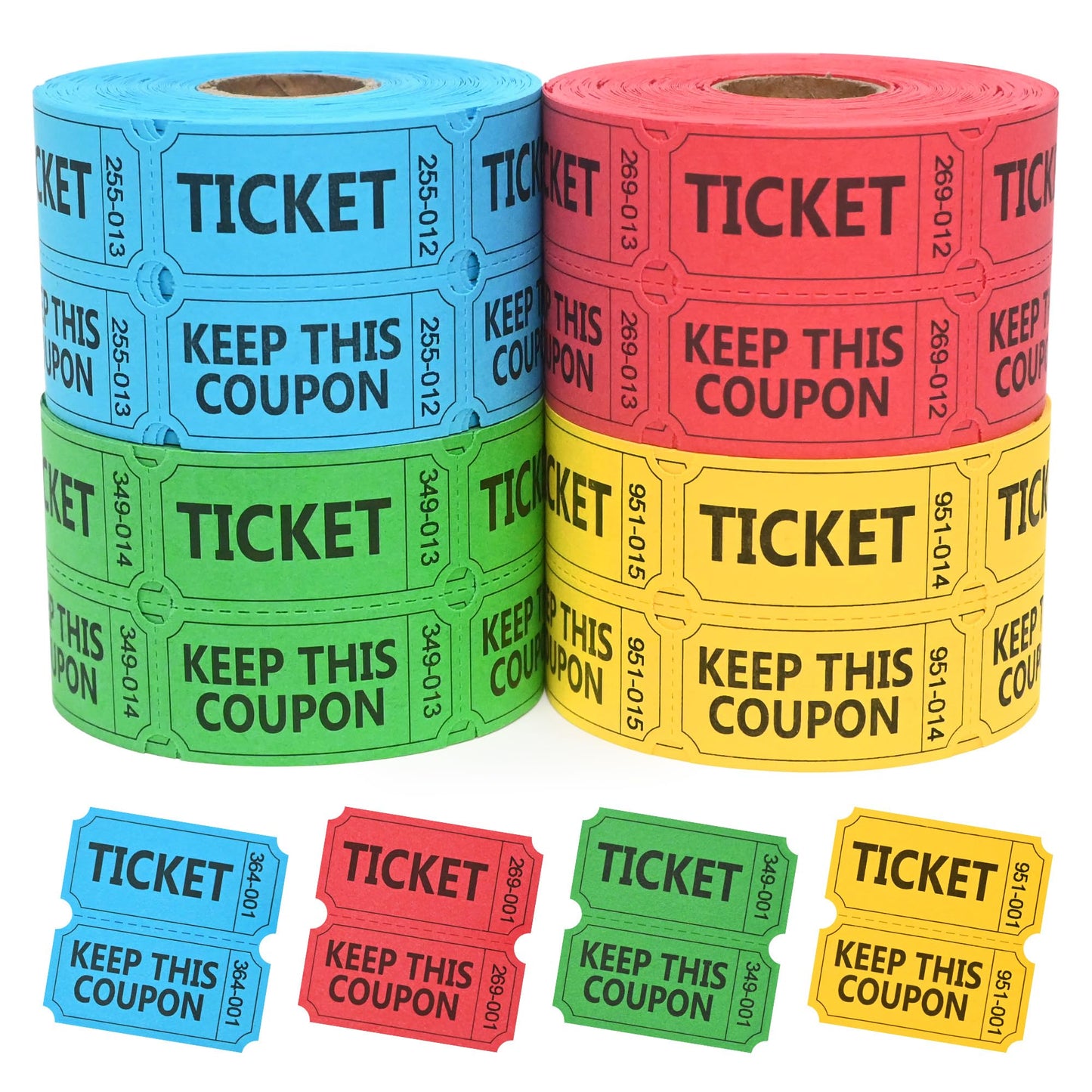 ESSENTIAL 2000 Raffle Tickets Double Roll, Raffle Tickets Roll with Name and Phone Number, for Raffle, Events, Classroom, Entry, Class Reward & Door Prize - Blue/Yellow/Red/Green