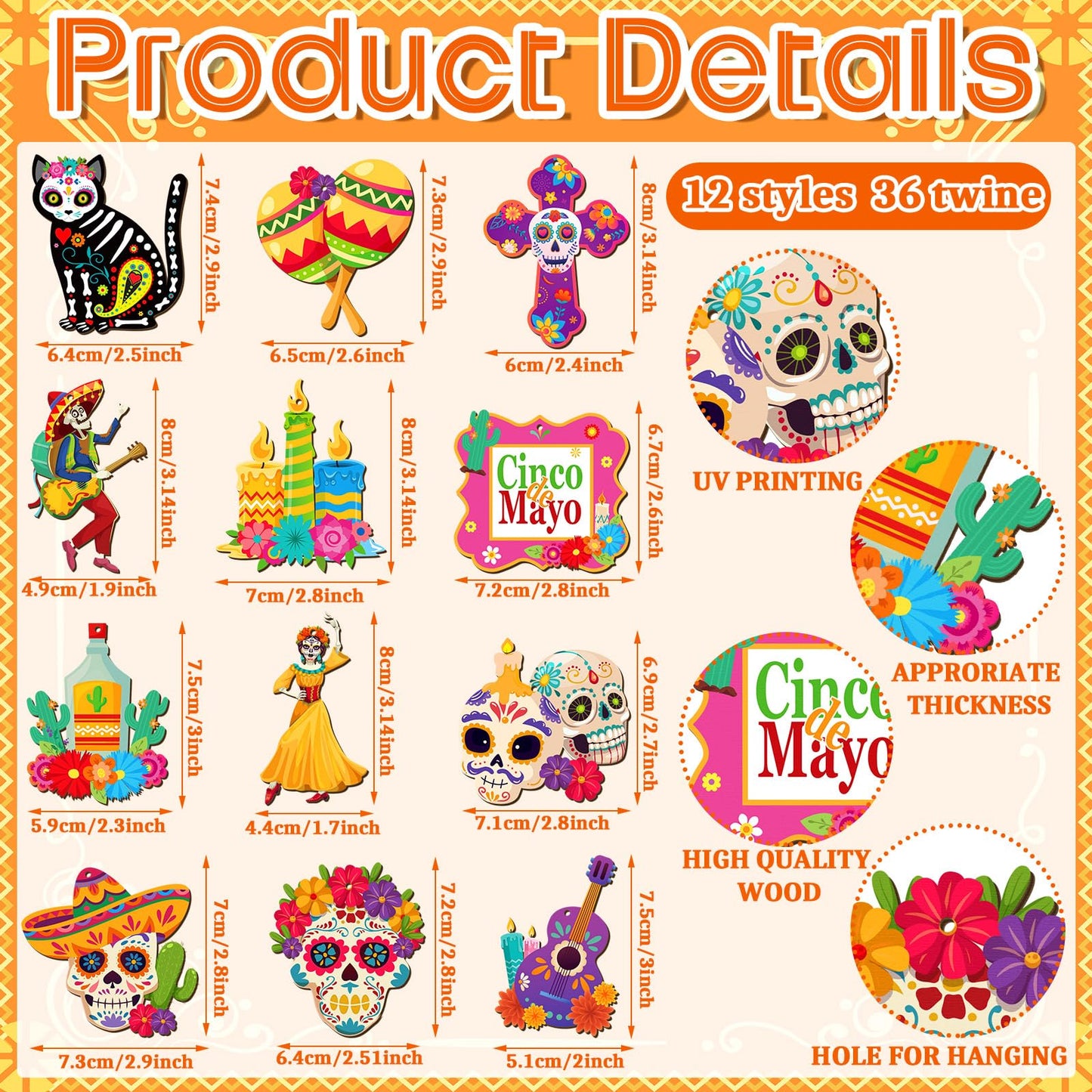 Soaoo 36 Pcs Day of The Dead Ornaments for Tree Dia De Los Muertos Decorations Mexican Theme Cat Skeleton Wood Sign Halloween Ornament Skulls for Crafts Hanging Decor Fiesta Festival Party Gift