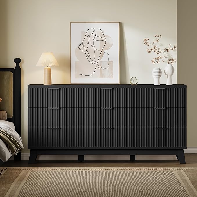 BORNOON 63" Long Dresser for Bedroom, 9-Drawer Fluted Dresser, Extra-Wide Wood