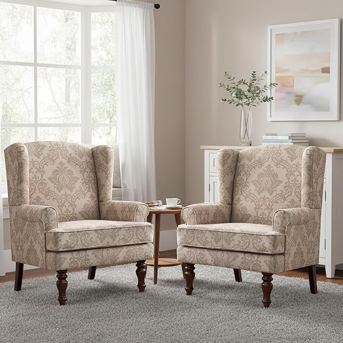 HUIMO Printed Wingback Accent Chair, Linen Upholstered High Back Armchair