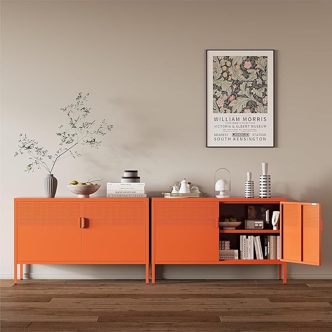 Orange Metal Storage Cabinet, 2 Door TV Stand, Metal Mesh Accent Cabinet