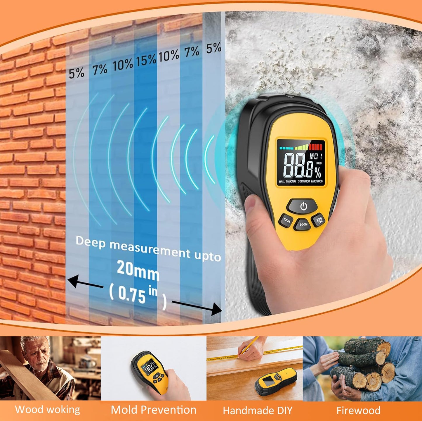 Pinless Moisture Meter - Povlen Wood Moisture Meter Digital Moisture Detector for Lumber Drywall Firewood Masonry Woodworking Plaster Floor Concrete Building with LCD Display Sound Alarm