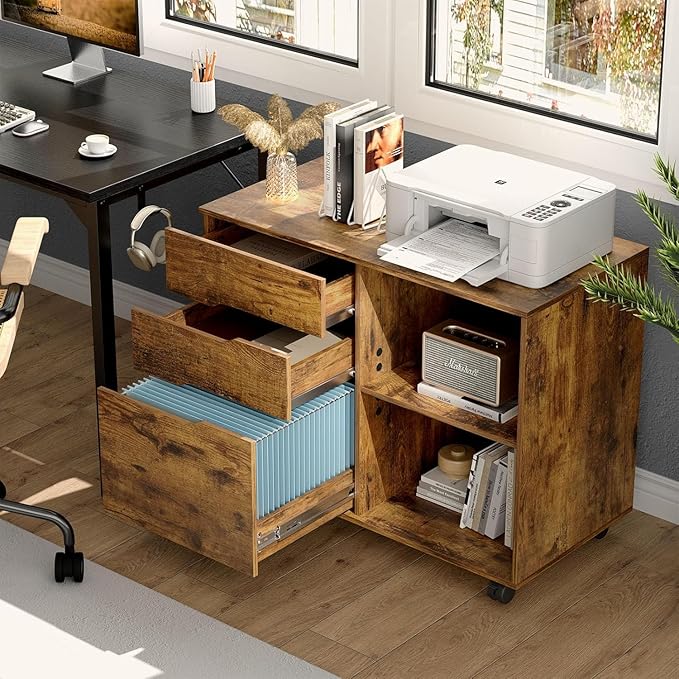 UOCFYK File Cabinet with 3 Drawers, Mobile Lateral Filing Cabinet with Open Storage Shelves for Home Office Under Desk Storage, Brown
