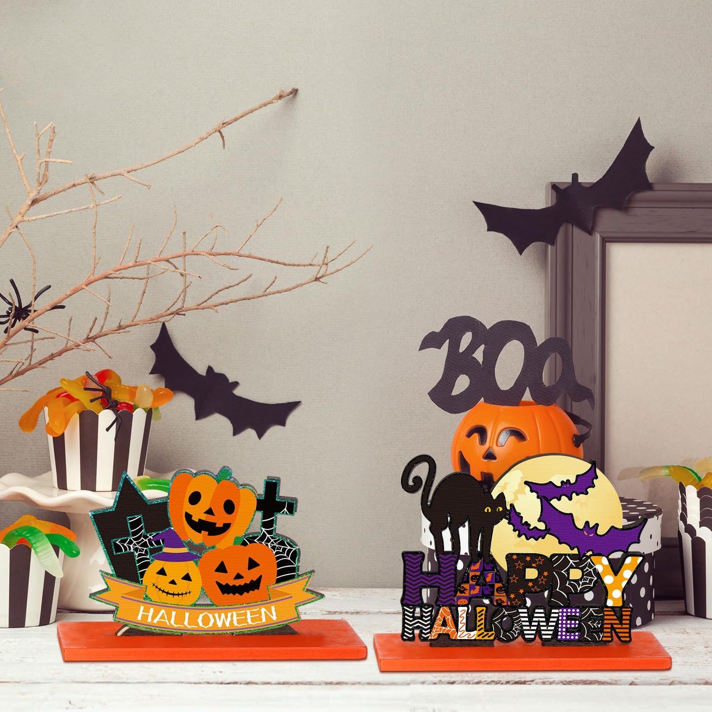Hoolerry 6 Pieces Halloween Table Decorations Pumpkin Ghost Witch Hat Table Centerpiece Trick or Treat Table Topper Signs for Halloween Table Party Living Room Kitchen Office Bar Decorations
