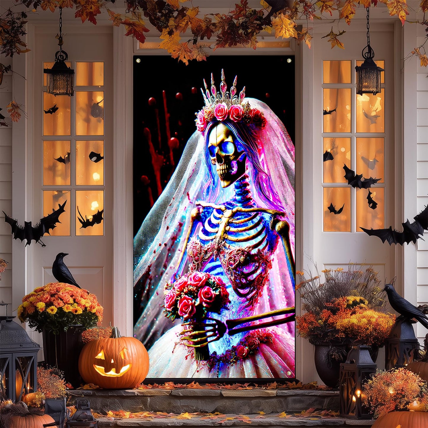 IVN Gothic Bride Skeleton Door Cover 35x71 Inch Dark Wedding Skull Crown Veil Rose Flowers Horror Blood Splatter Backdrop Halloween Front Door Decor Creepy Bridal Banner Scary Party Decoration