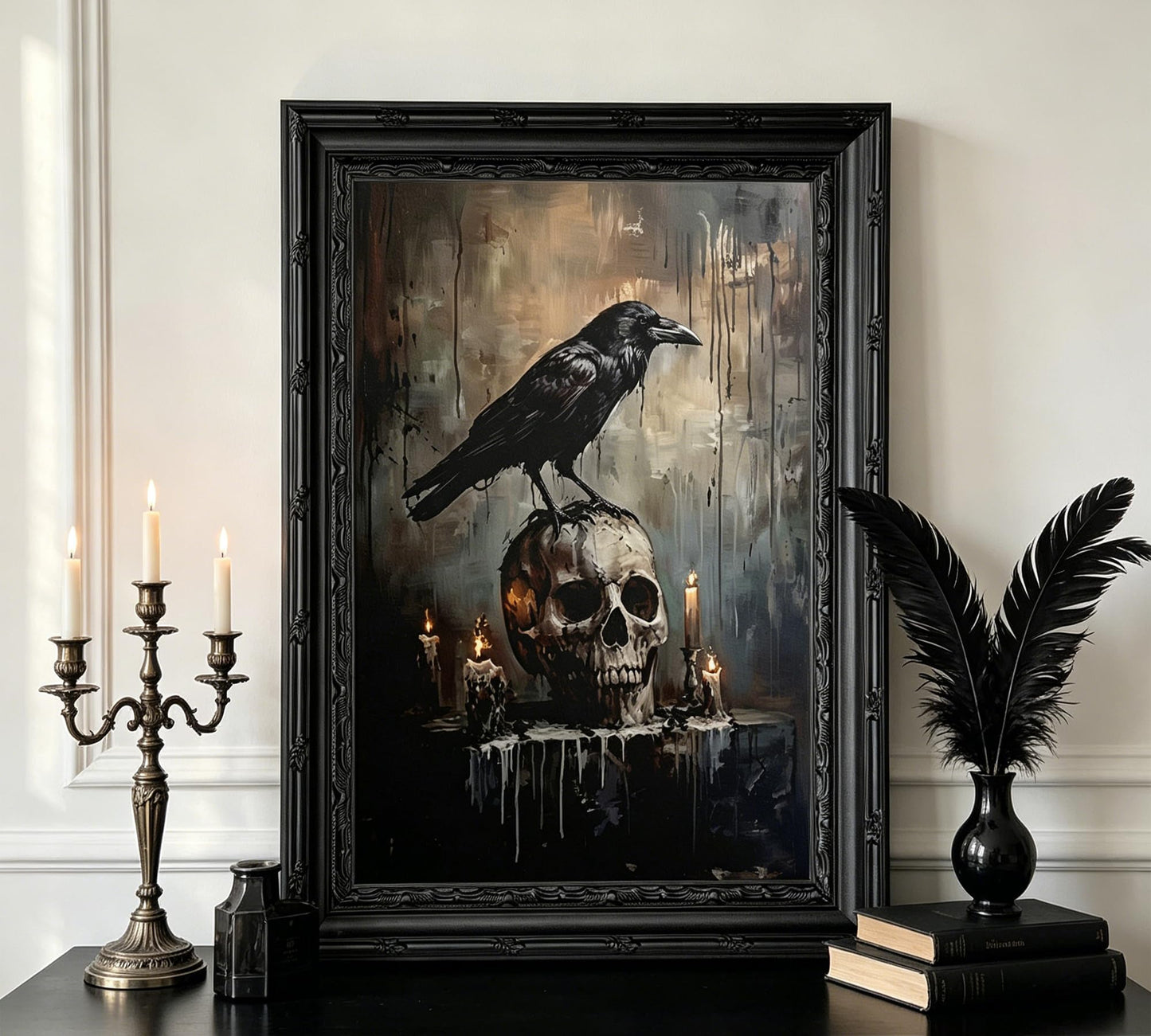 Gothic Crow & Skull Wall Art, Dark Academia Raven Perched on Skull Framed Canvas Wall Decor, Macabre Halloween Art for Home, Living Room, Bedroom, 9x11 Inch