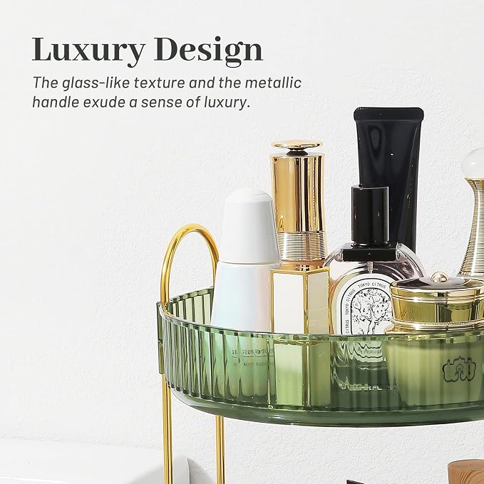 Rotating Makeup Organizer for Vanity, Perfume Skincare Lipstick Organizers for Bathroom Countertop, Clear Make up Storage for Dresser, Bathroom Cosmetics Organizer Storage 360 Spinning(2 Tier, Green)