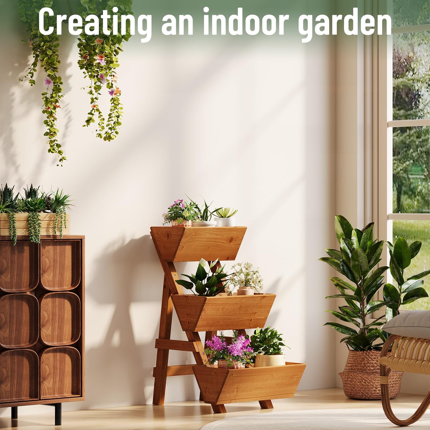Vertical Wooden Raised Garden Bed, Garden Planters Freestanding Wood Plant Stand Flower Rack Wooden Planter Box for Plants Herbs Flowers Vegetables Outdoor Indoor Gardening (3-Tier Small Brown)