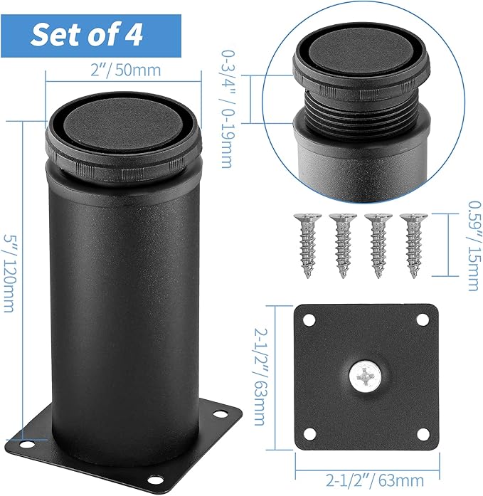 5 Inch Metal Furniture Legs Stainless Steel Adjustable Legs Black Metal Legs