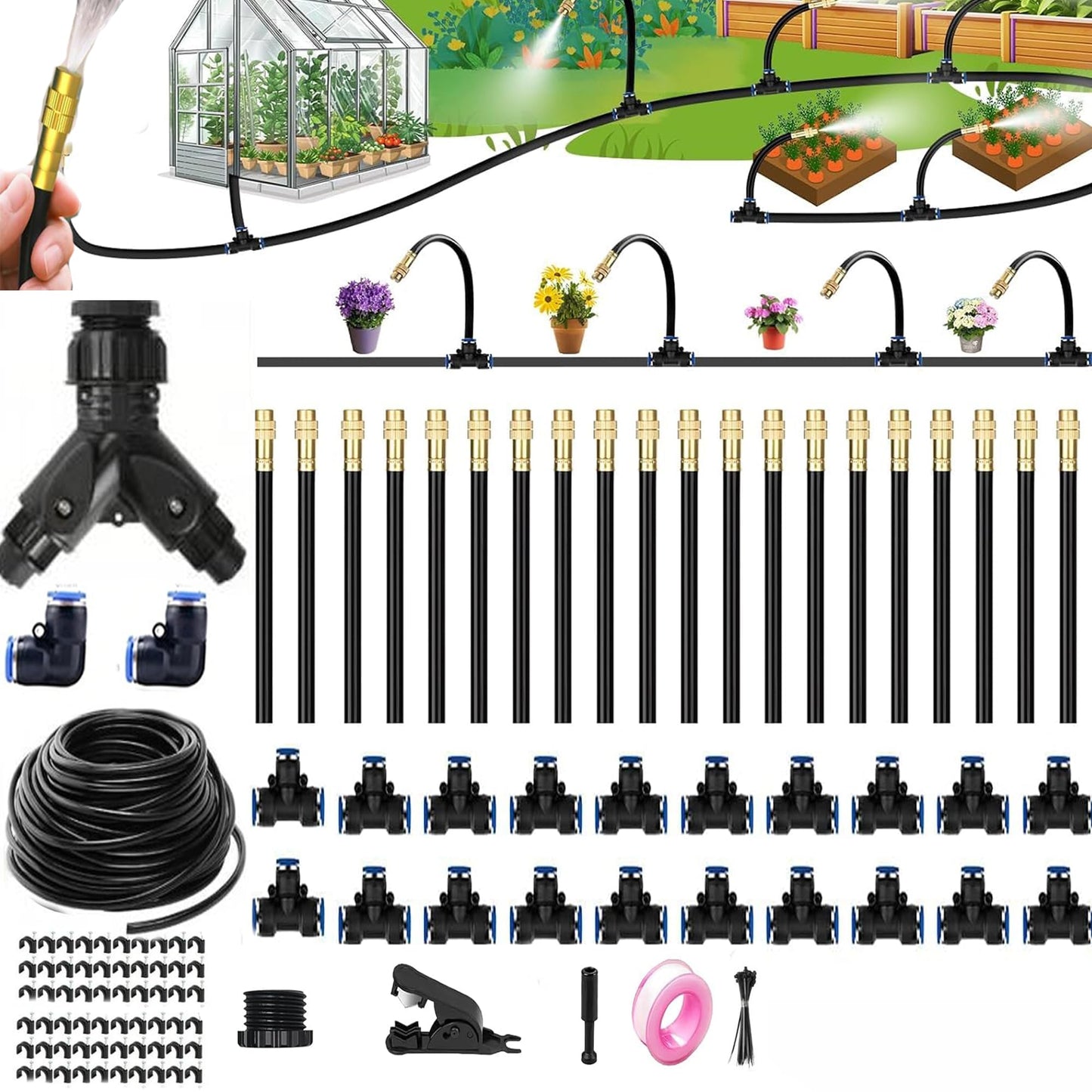 Drip Irrigation System with Brass Nozzles – 2026 Upgrade 100FT Garden Watering Kit with 20Pcs 360° Adjustable Misting Sprinklers Quick Connect Fittings for Raised Beds, Lawn, Patio
