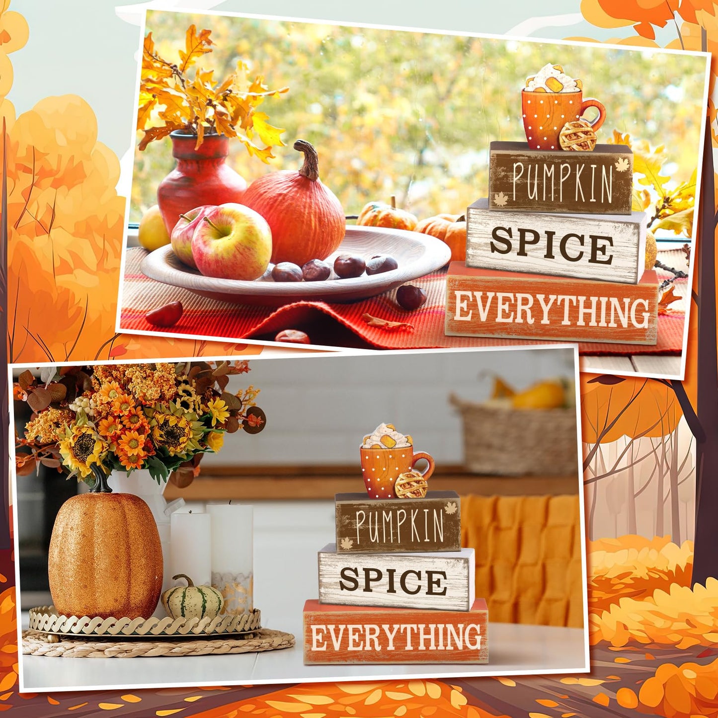 Moucuny 4 Pcs Thanksgiving Decorations for Home Fall Cup Decor Thanksgiving Table Centerpiece Fall Tiered Tray Decor Rustic Wooden Cup Block Sign Gift Farmhouse for Harvest Party Home Kitchen
