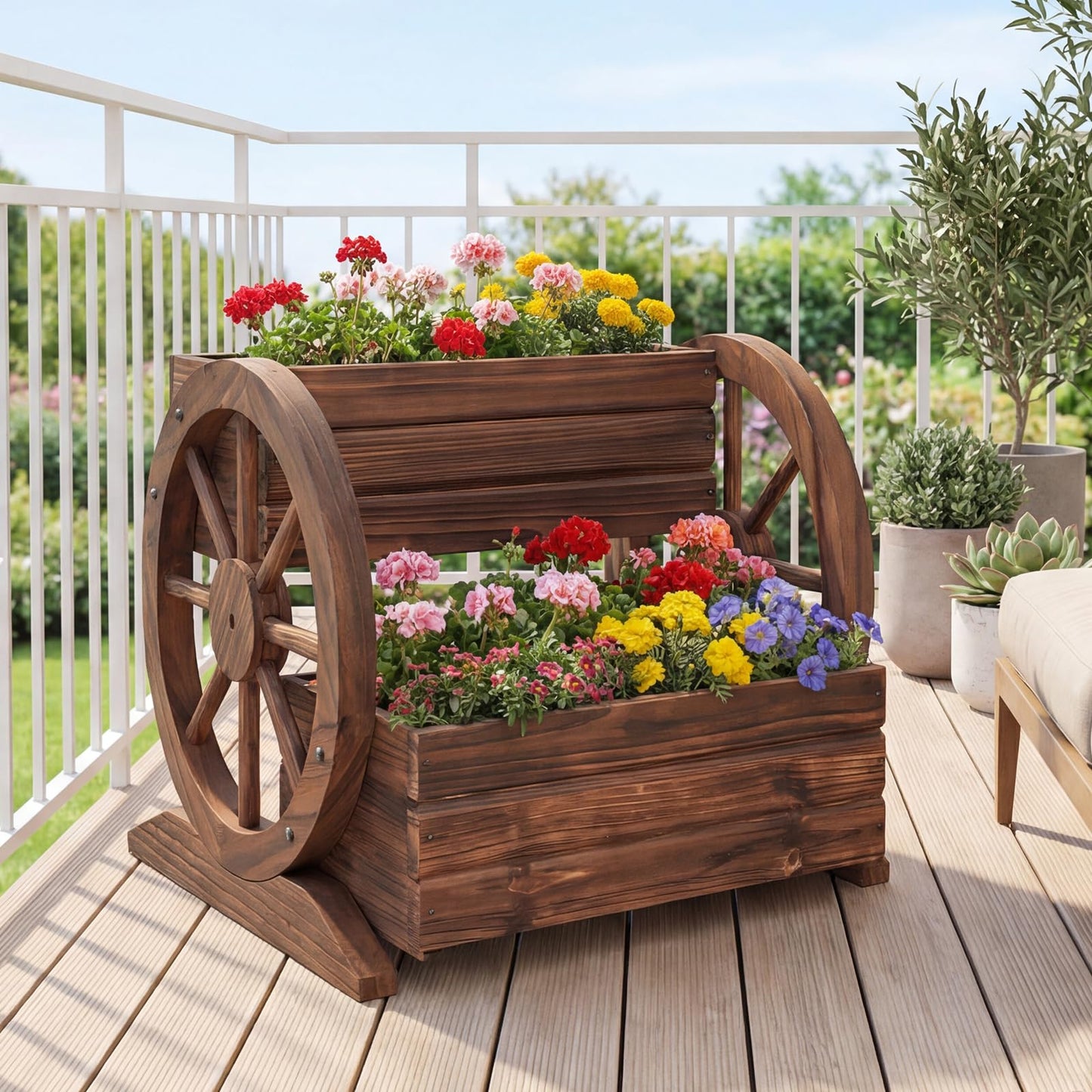 Giantex Wooden Wagon Planter Box, Garden Planter with Drainage Holes & Wheels for Flowers Herbs Vegetables, Indoor Outdoor Decorative Flower Cart for Patio Garden Balcony (1)