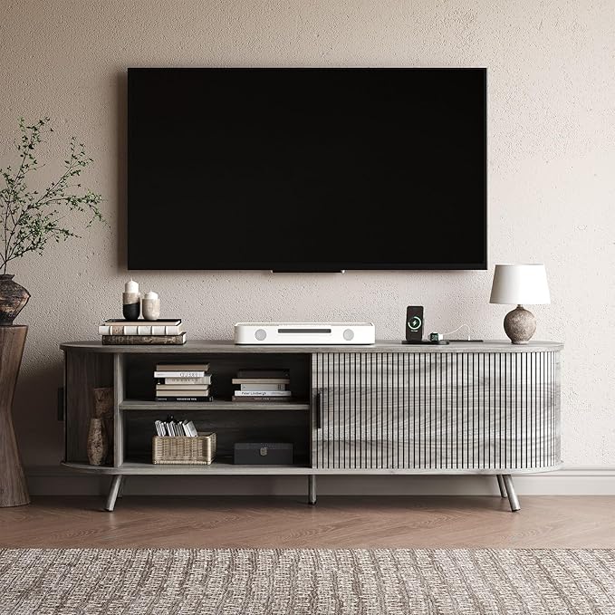 63 inch TV Stand with Power Outlet, Fluted Entertainment Center