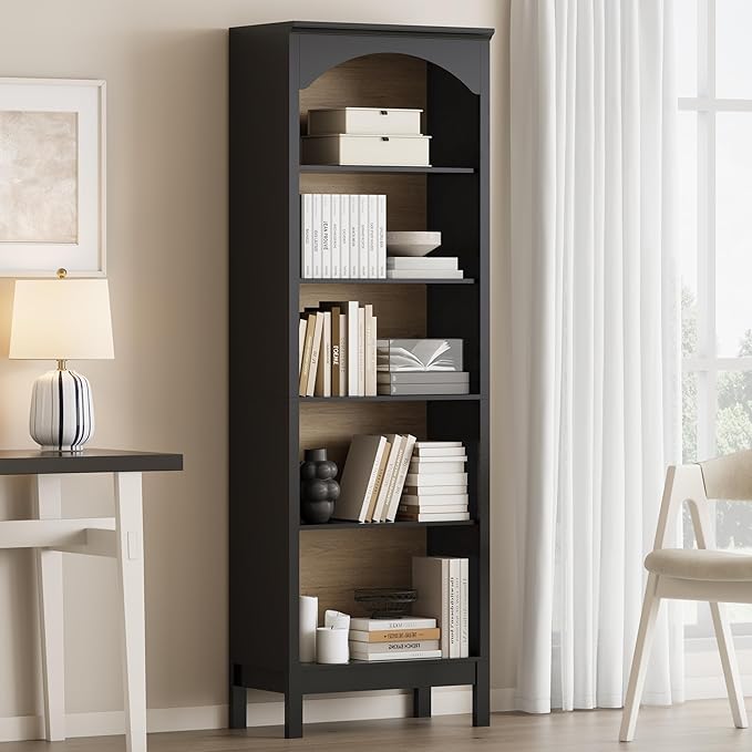Arched Bookshelf with 5 Tier Open Shelves, Study and Living Room, Modern Black