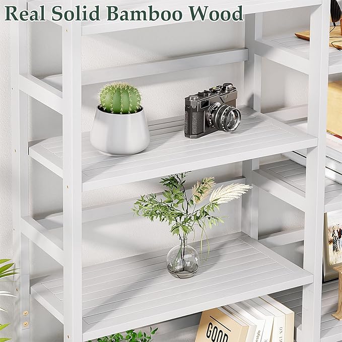 Homykic Bamboo Bookshelf, 71” Tall Triple Wide Bookcase