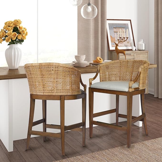 Martha Stewart Farmhouse Counter Height Bar Stools, Handcrafted Rattan Counter