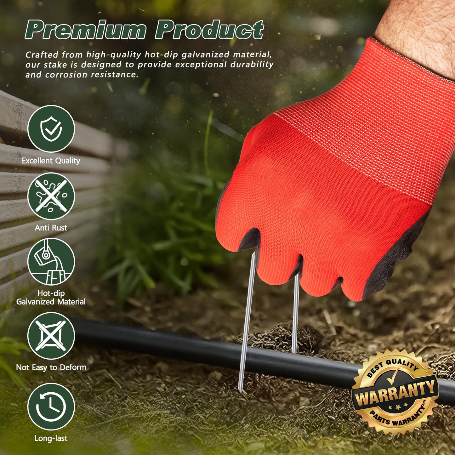 FEED GARDEN Landscape Staples 6 Inch 50 Pack Kit, Heavy Duty 11 Gauge Hot-Dip Galvanized Garden Stakes with 50 Gaskets & 1 Pick Hook for Weed Barrier, Landscape Fabric, Sod, Turf & Garden Edging