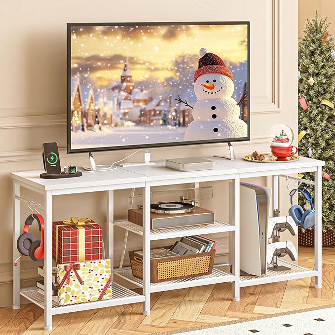YGEOMER White TV Stand for Up to 55 Inch Tvs, Entertainment Center