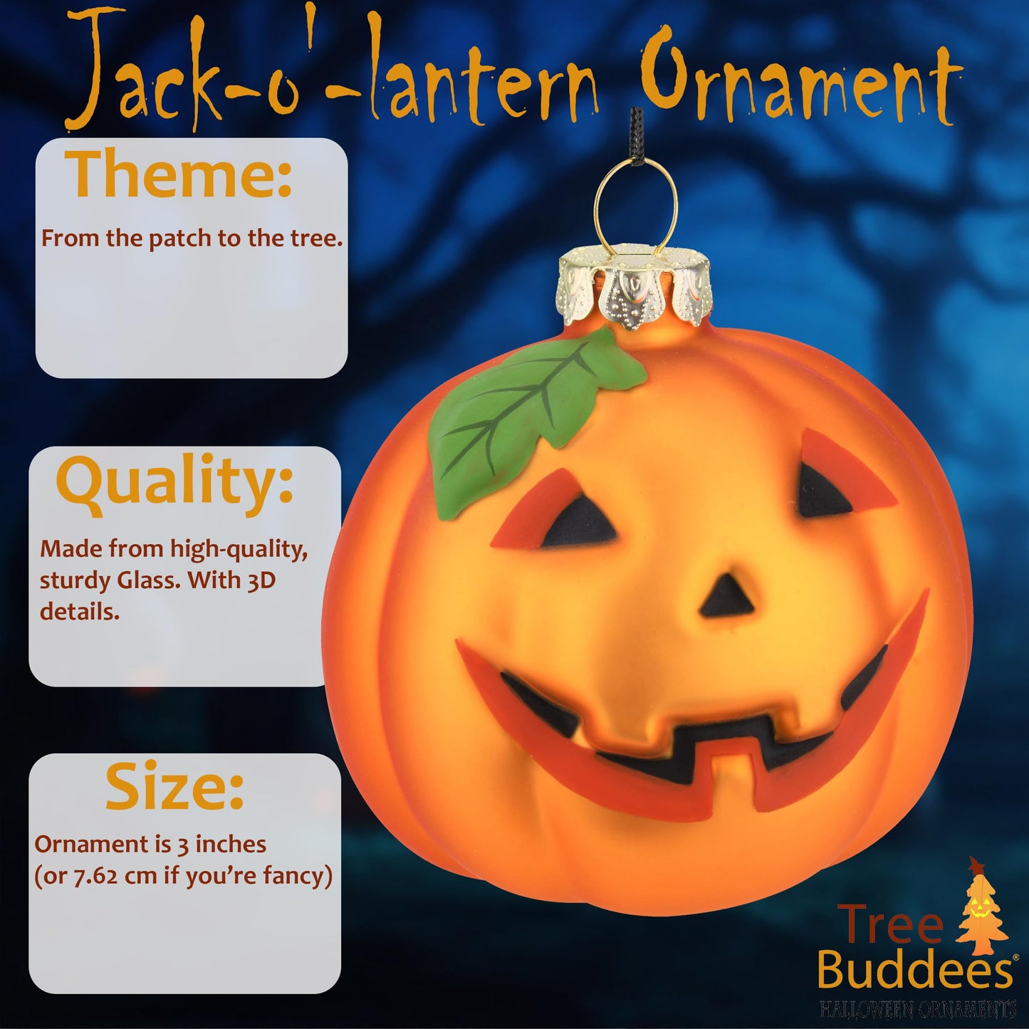 Tree Buddees Jack-O-Lantern Pumpkin Decoration Blown Glass Ornament Halloween, Thanksgiving, Christmas Ornaments