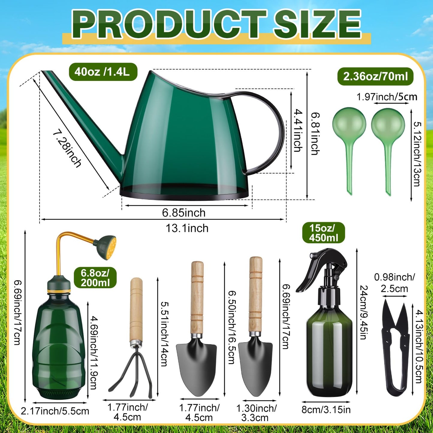 Ferrochef 13 Pcs Indoor Plant Can Set, 1/2 Gallon Watering Can, 17 oz Squeeze Bottle, 6.8 oz Spray Bottle, 6 Self Watering Globes, Gardening Tool Kit with Pruning Scissors for Plants (Green)