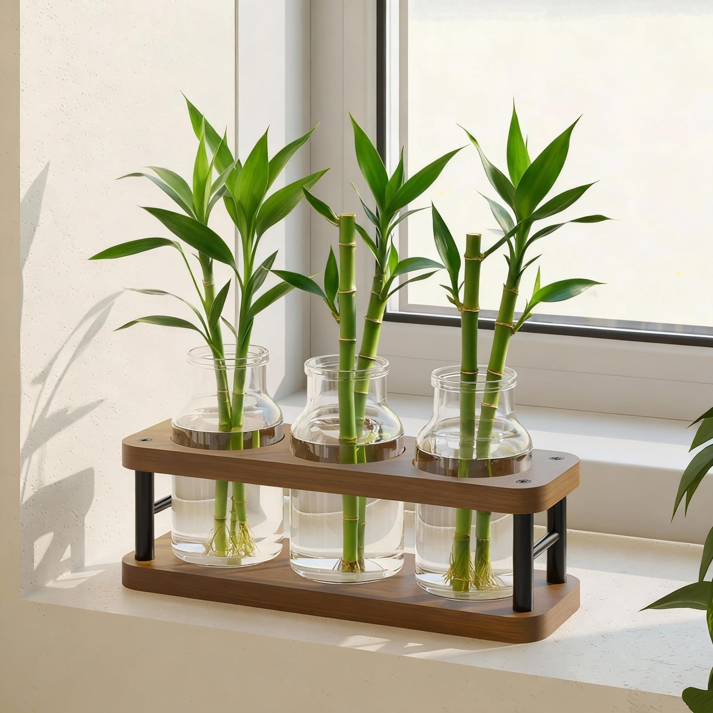 THYGIFTREE Plant Propagation Station with Wooden Stand, Propagation Vases Glass Planters for Indoor Plants Hydroponic Propagating Jars Home Office Decor, Brown