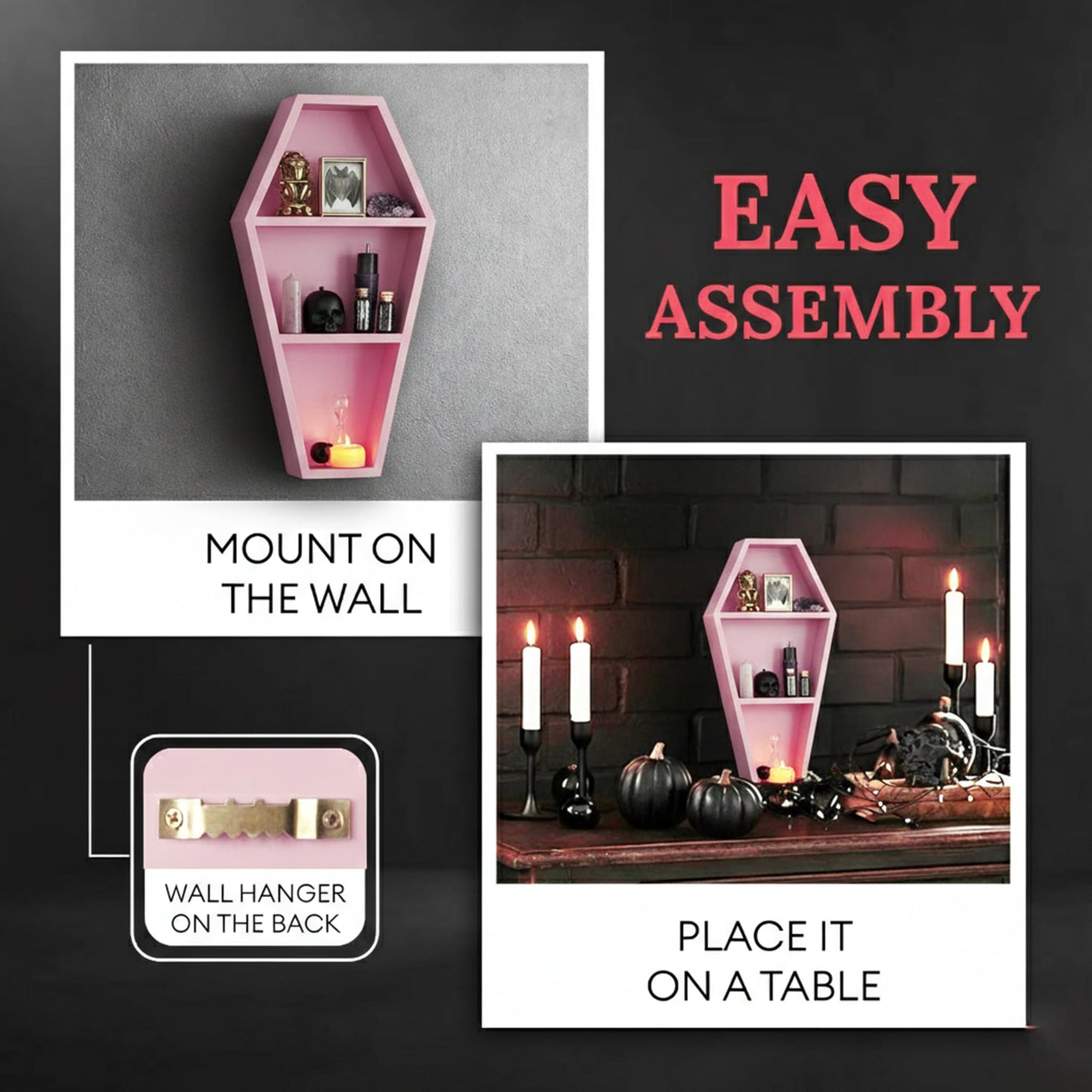 MANNY'S MYSTERIOUS ODDITIES Coffin Shelf - Spooky Gothic Decor for The Home - Pink Hanging Wooden Shelf for Wall or Table Top - 15 Inches Tall by 8 Inches Wide
