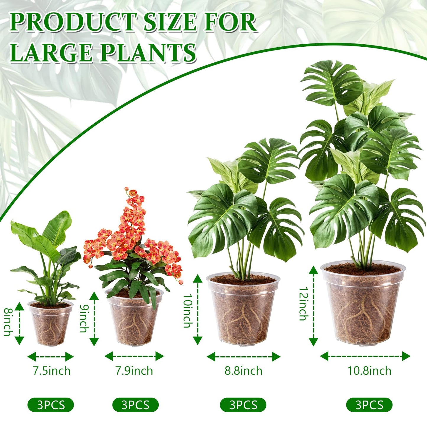 Simihiran 12 Pcs 8/9/10/12 Inch Large Clear Nursery Pots with Drainage Holes - Variety Pack Transparent Plant Pots for Orchids Succulents Indoor Outdoor Root Health