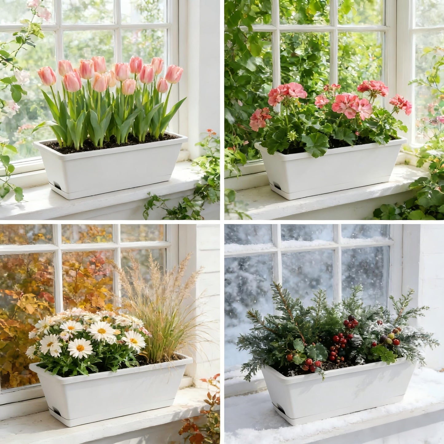 Planter Boxes for Domestic Gardening 8 Pcs, 17 Inch Long Window Sill Planter Box Outdoor, Plastic Rectangular Window Rectangle Window Boxes Planters with Drainage Holes and Trays for Windowsill