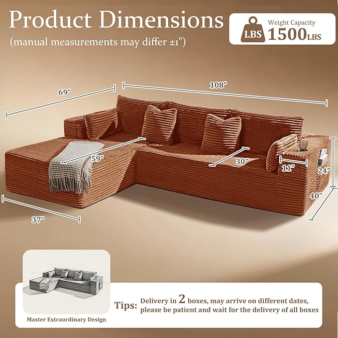 108" Cloud Sectional Couch, Comfort L Shaped Boneless Couch