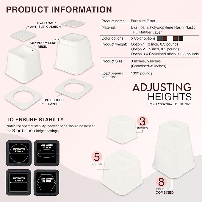 Utopia Bedding Bed Riser, 3 & 5 Inches Adjustable Furniture Risers