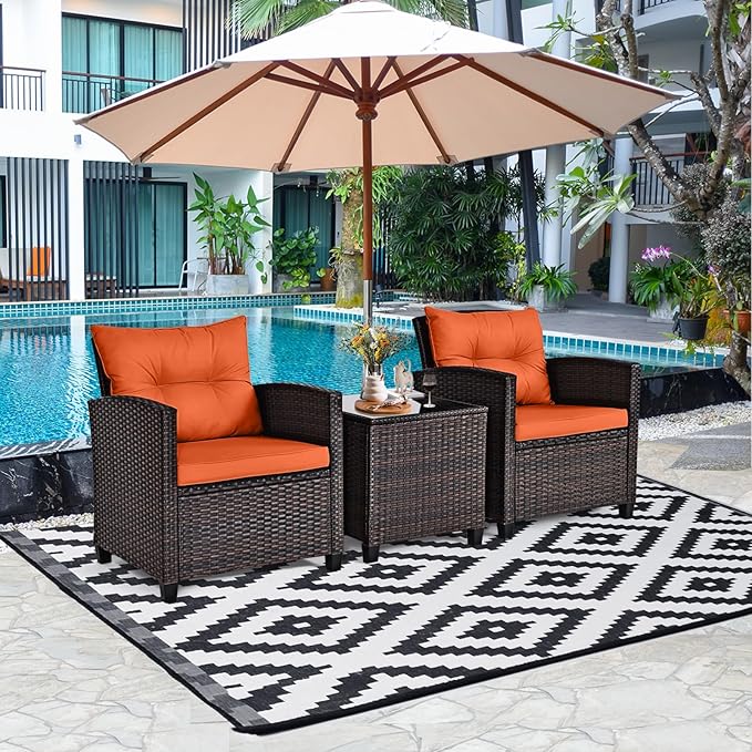 HAPPYGRILL 3 Pieces Patio Conversation Set, Outdoor Furniture Set PE Rattan