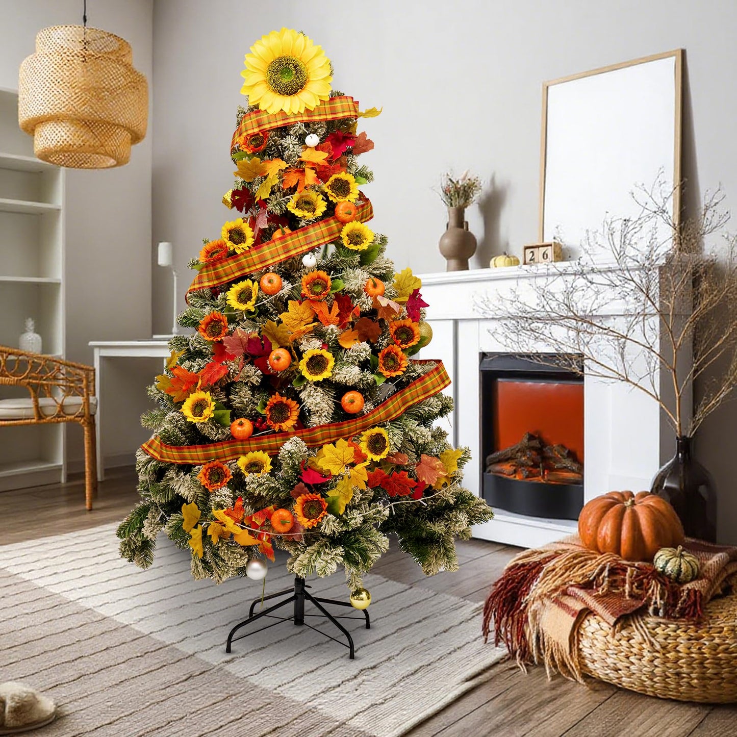 39 Pcs Fall Maple Leaf Sunflower Tree Decoration Set Leaf Garlands 2.5 Inch × 9.8 Yd Orange Harvest Ribbon Sunflower Pumpkin Thanksgiving Hanging Decor for Fall Autumn Thanksgiving Tree ﻿