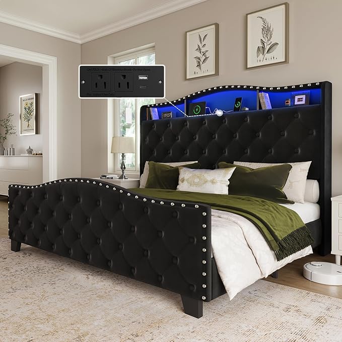 Belffin Queen Size Bed Frame and Headboard, 50.9" Velvet Upholstered Wingback