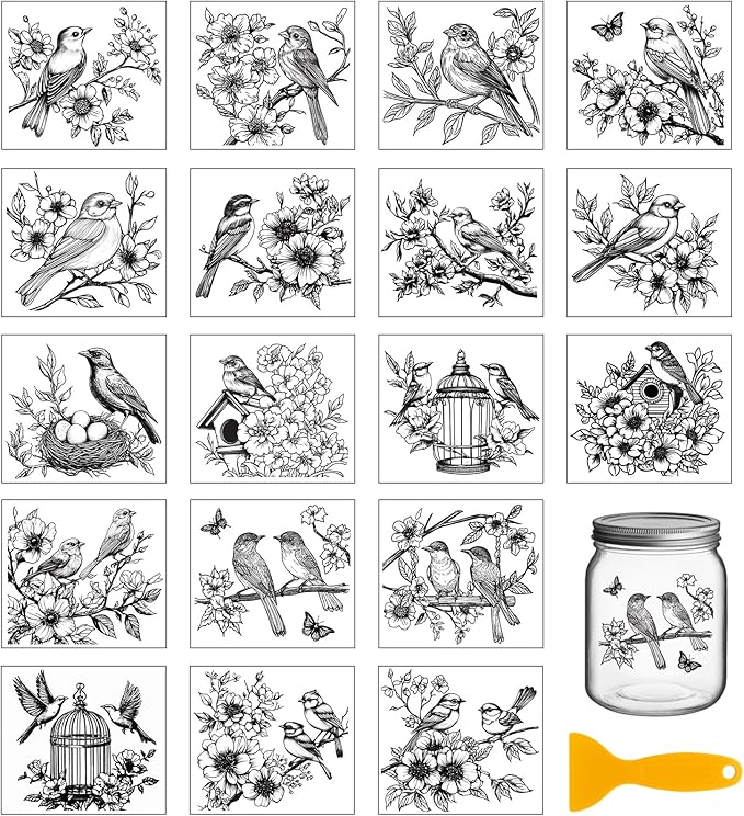 GLOBLELAND 18 Sheets Black and White Flowers Birds Transfer Stickers