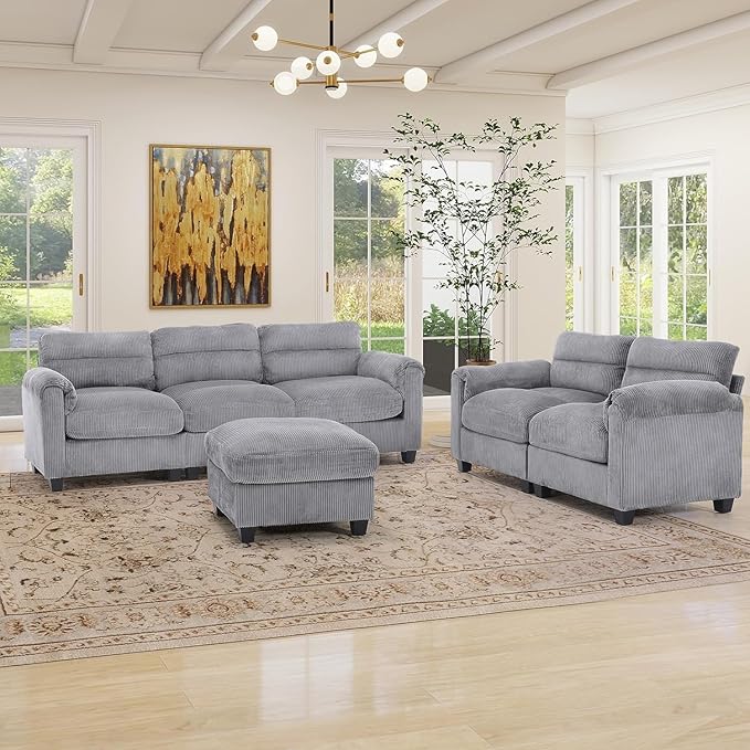 HAOMARKETS Corduroy 3-Piece Sofa Set, Upholstered Ottoman, Loveseat 2-Seater