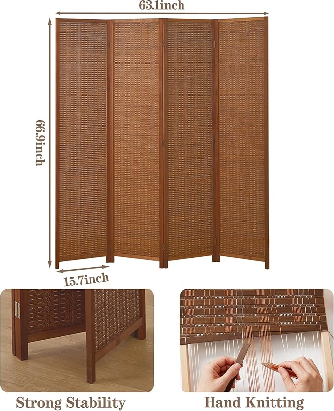 4 Panel Room Divider and Extra Wide Folding Privacy Screen, Bamboo Room Divider
