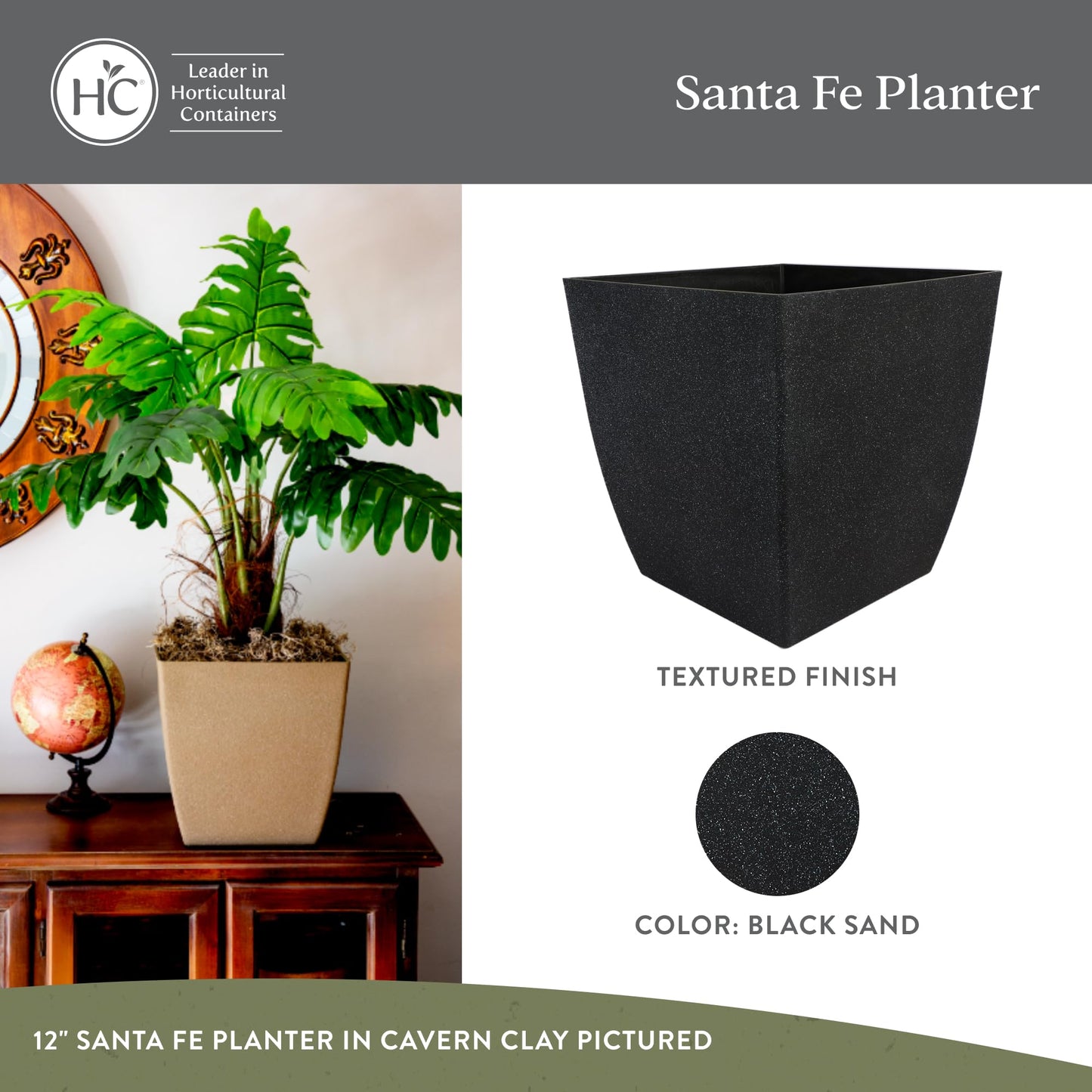 The HC Companies Santa Fe Square Self-Watering Pot - Lightweight Plastic Planter for Herbs & More - Durable Plant Pots for Indoor Plants & Outdoor Plants (12" Black Sand, Pack 1)