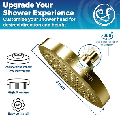 High Pressure Shower Head - Anti-Clogging Silicone Nozzles 2.5 GPM Removable Restrictor - Easy to Clean and Install - Includes Plumbers Tape - 6 inch - (Gold Finish 2.5GPM)