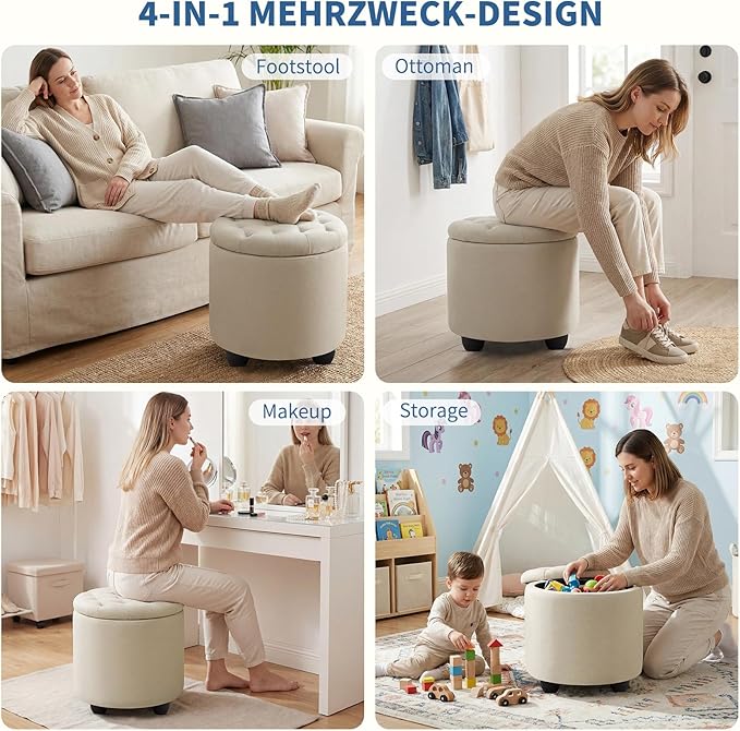 Furniliving Modern Round Storage Ottoman, Button Tufted Ottoman Foot Stools