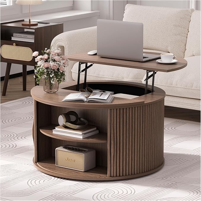 JOINICE 31.5" Round Lift Top Coffee Table, Mid Century Modern Walnut Center