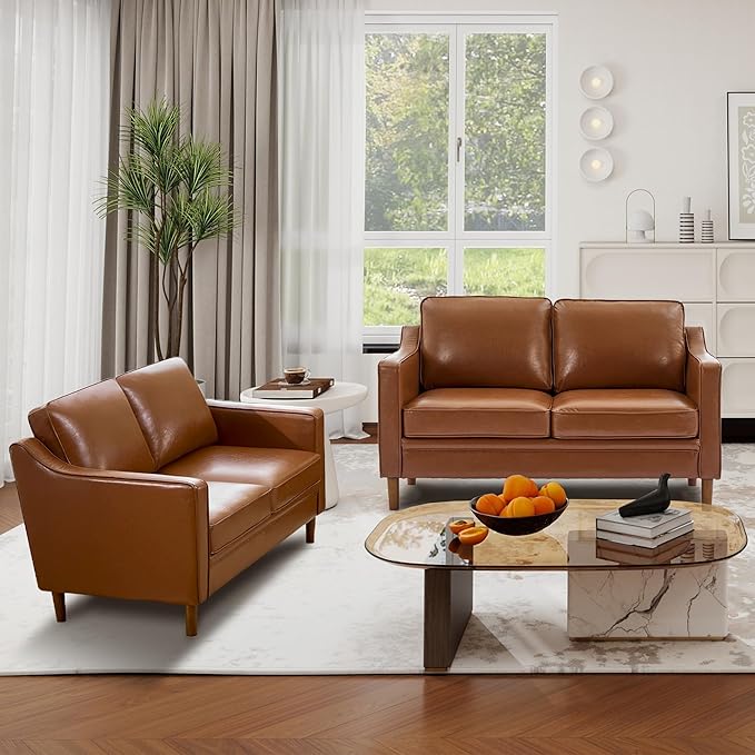 Kingfun 56" Faux Leather Sofa, Loveseat Couch, Mid Century Modern Love Seat