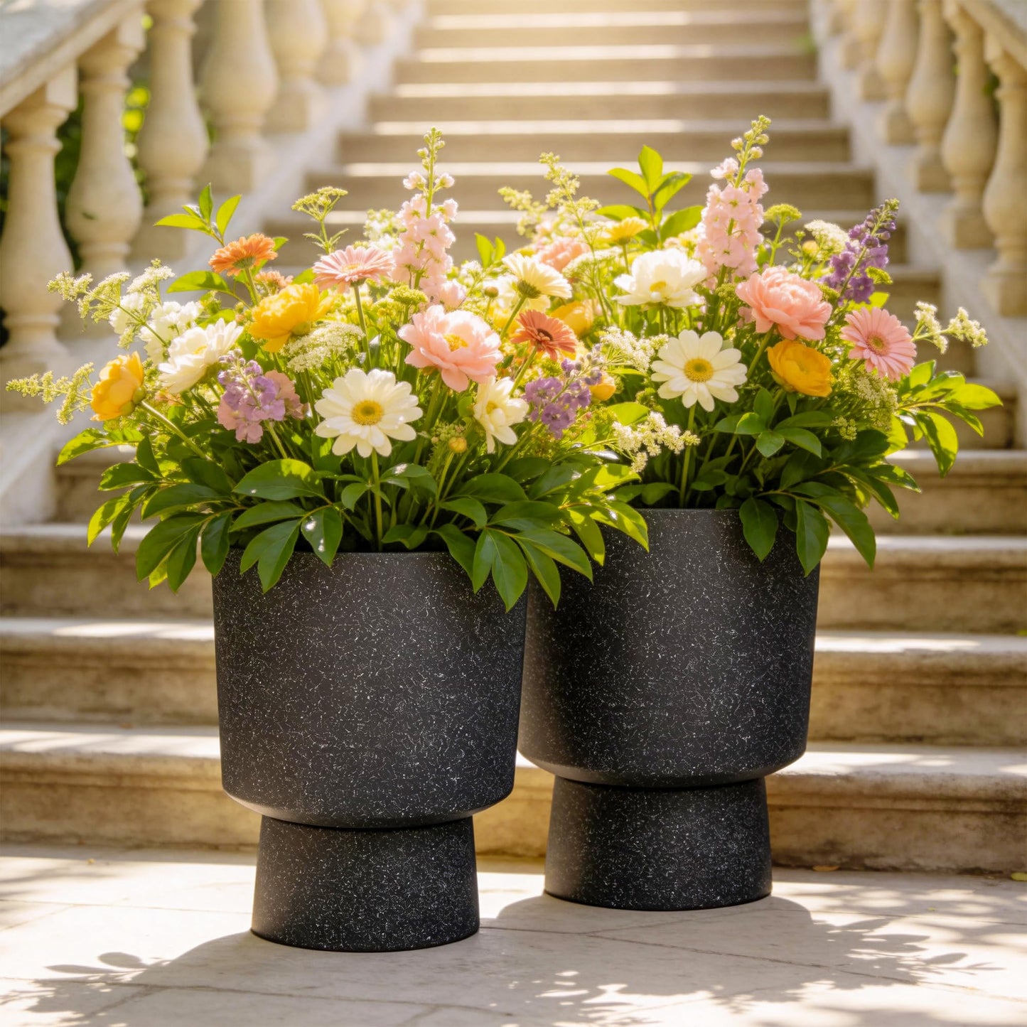 Ultym 16.8" Large Planters Set of 2 Modern Pedestal Plant Pots with Drainage Hole, Durable Plastic Flower Pots w/Terrazzo Finish, Weather-Resistant for Garden Patio Balcony Home Outdoor Indoor Decor