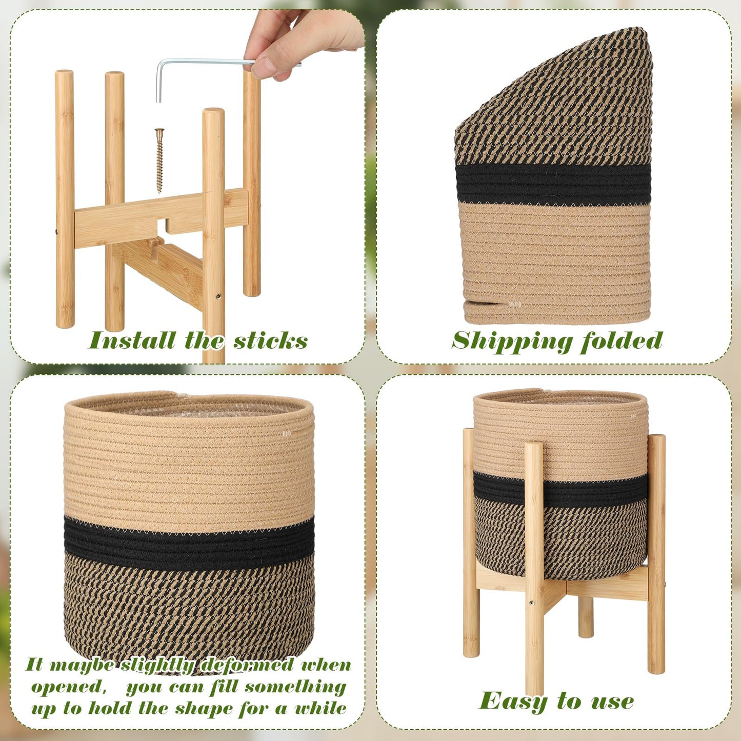 Sunnychicc Plant Basket with Stand Indoor Planter Pot Holder Sturdy Jute Rope Modern Woven Basket, Cotton Rope Woven Pot with Bamboo Stand(10 Inch,Black and Beige Stripes)