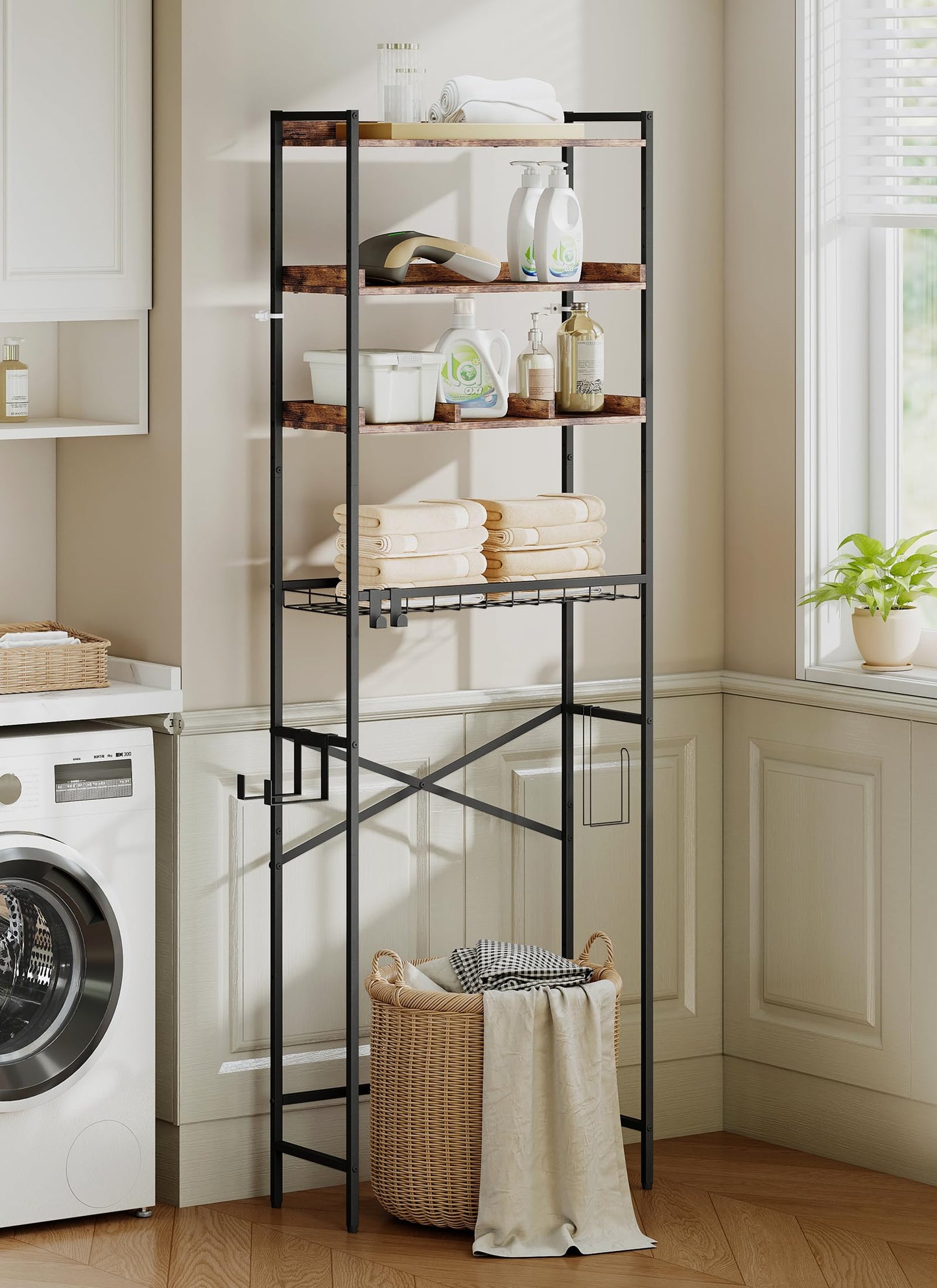 Quikraen 4 Tier Over The Toilet Storage Shelf with 3 Adjustable Shelves, Space Saver Bathroom Organizer with 4 Hooks, Freestanding Above Toilet Rack for Restroom Laundry (Brown)
