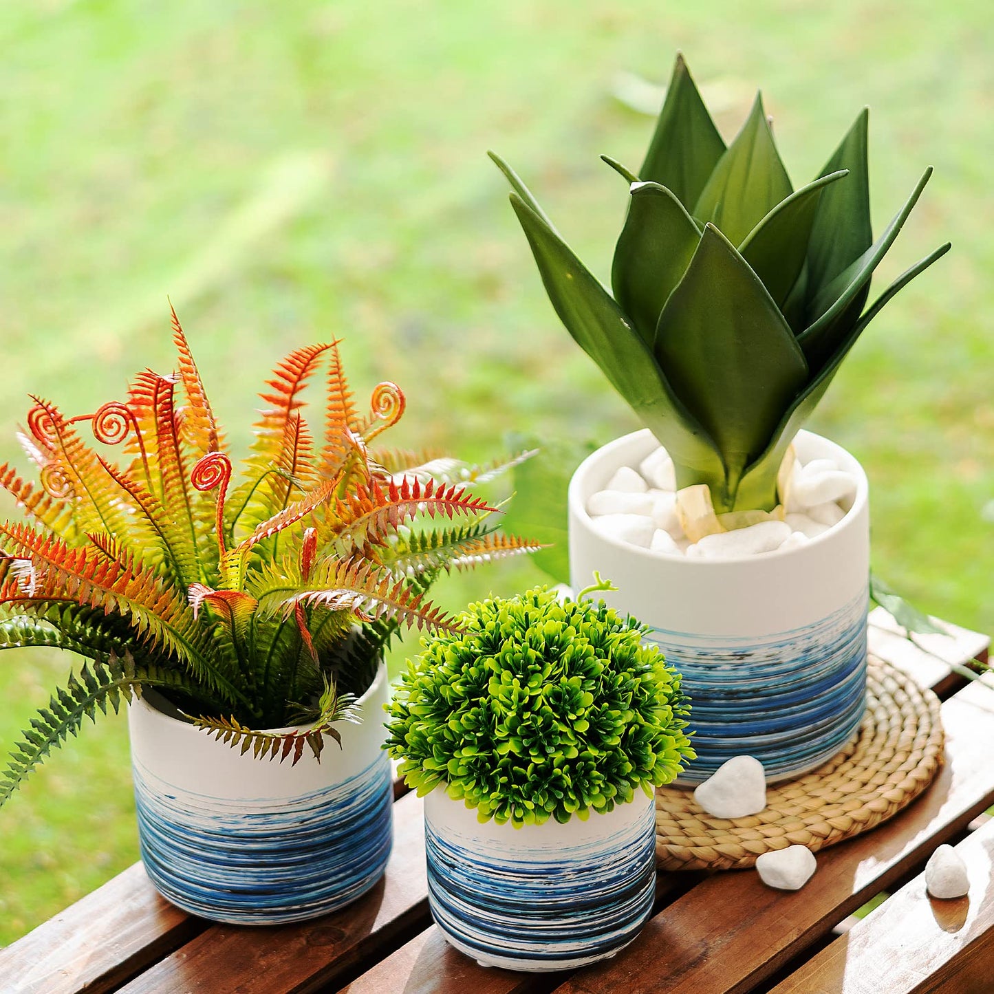 KingZiYu White Ceramic Plant Pots 5.1+4.3+3.7 inch Hand-Painted Small Flower Pot Set of 3 Planters with Drainage Hole and Plug Used for Indoor Plants and Other Outdoor Garden-Blue