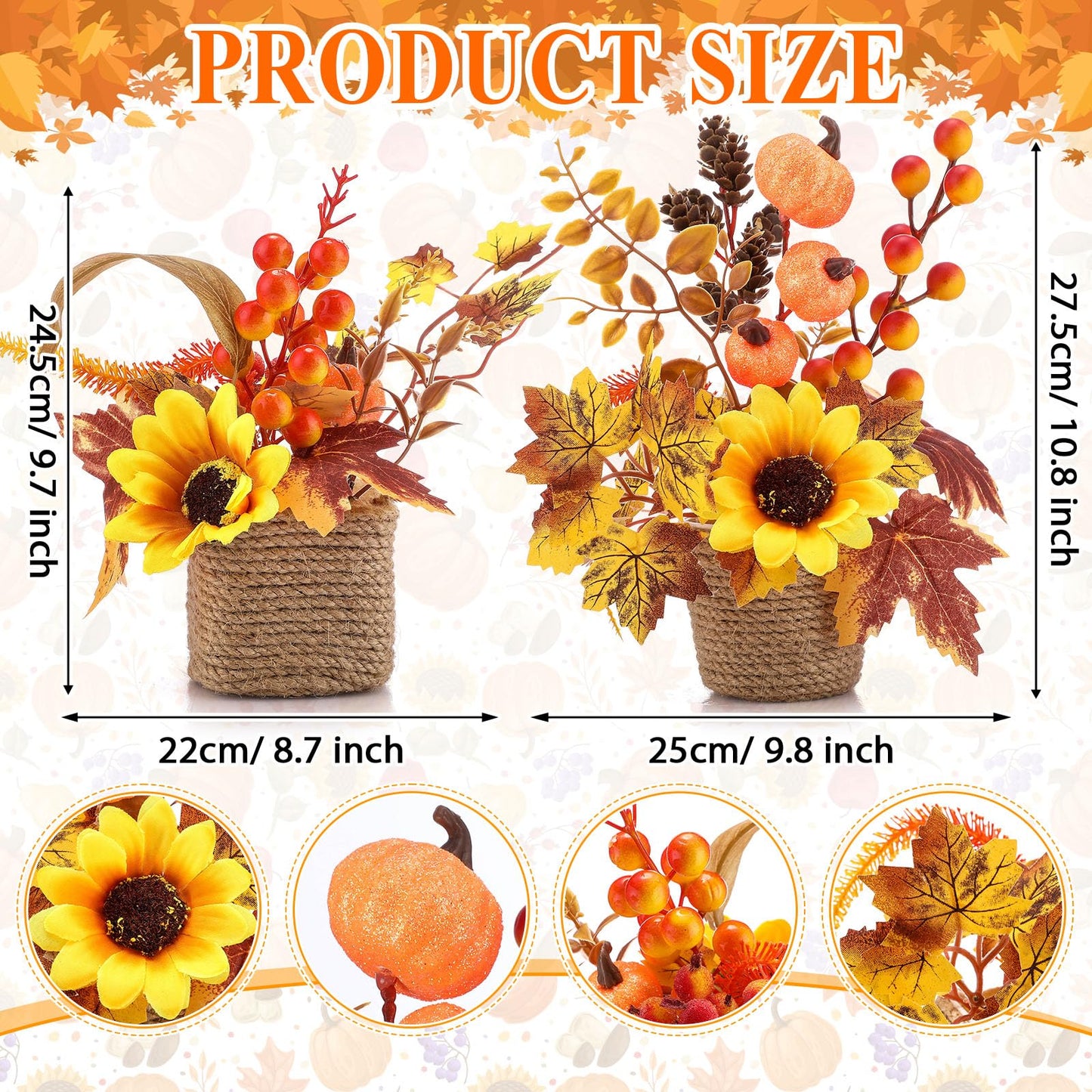 Suncalla 2 Pcs Thanksgiving Fall Table Decorations Centerpiece for Table Maple Leaf Fall Decor for Home Artificial Flower Pumpkin with Rattan Flower Basket for Indoor Thanksgiving Gifts(Vivid Style)