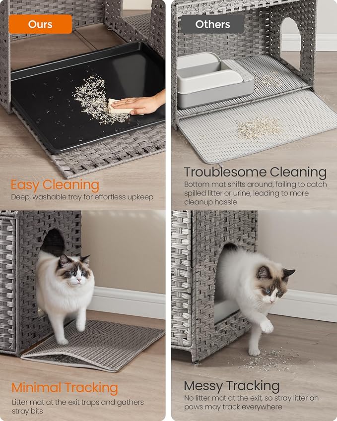 Feandrea Cat Litter Box Enclosure, Handwoven Rattan Hidden Litter Box Furniture