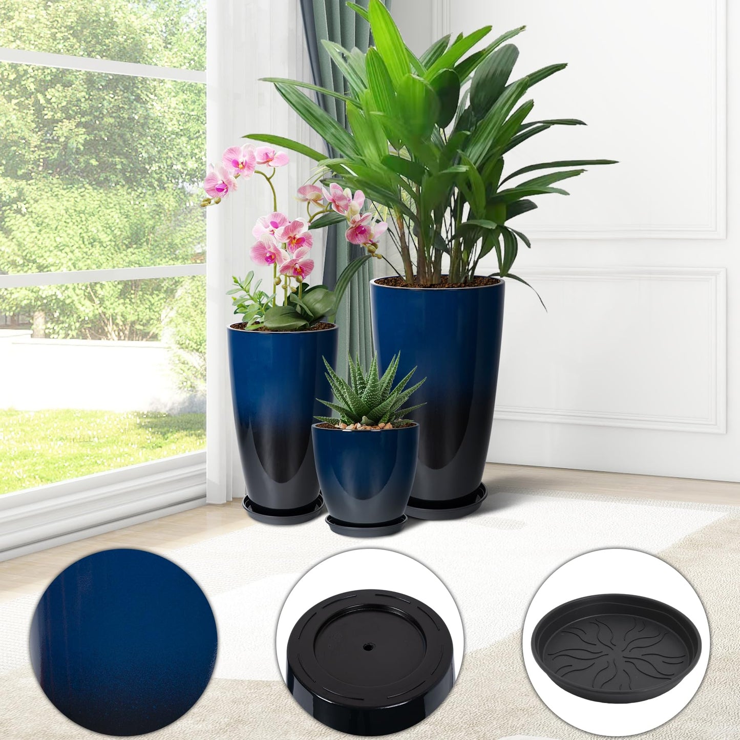 Neoaider 24/21/12 Inch Large Plastic Planter, Lightweight Ceramic-Look Tall Planters with Drain Hole & Saucers, Tall Plastic Planters for Porch, Garden, Patio, Balcony(Dark Blue)