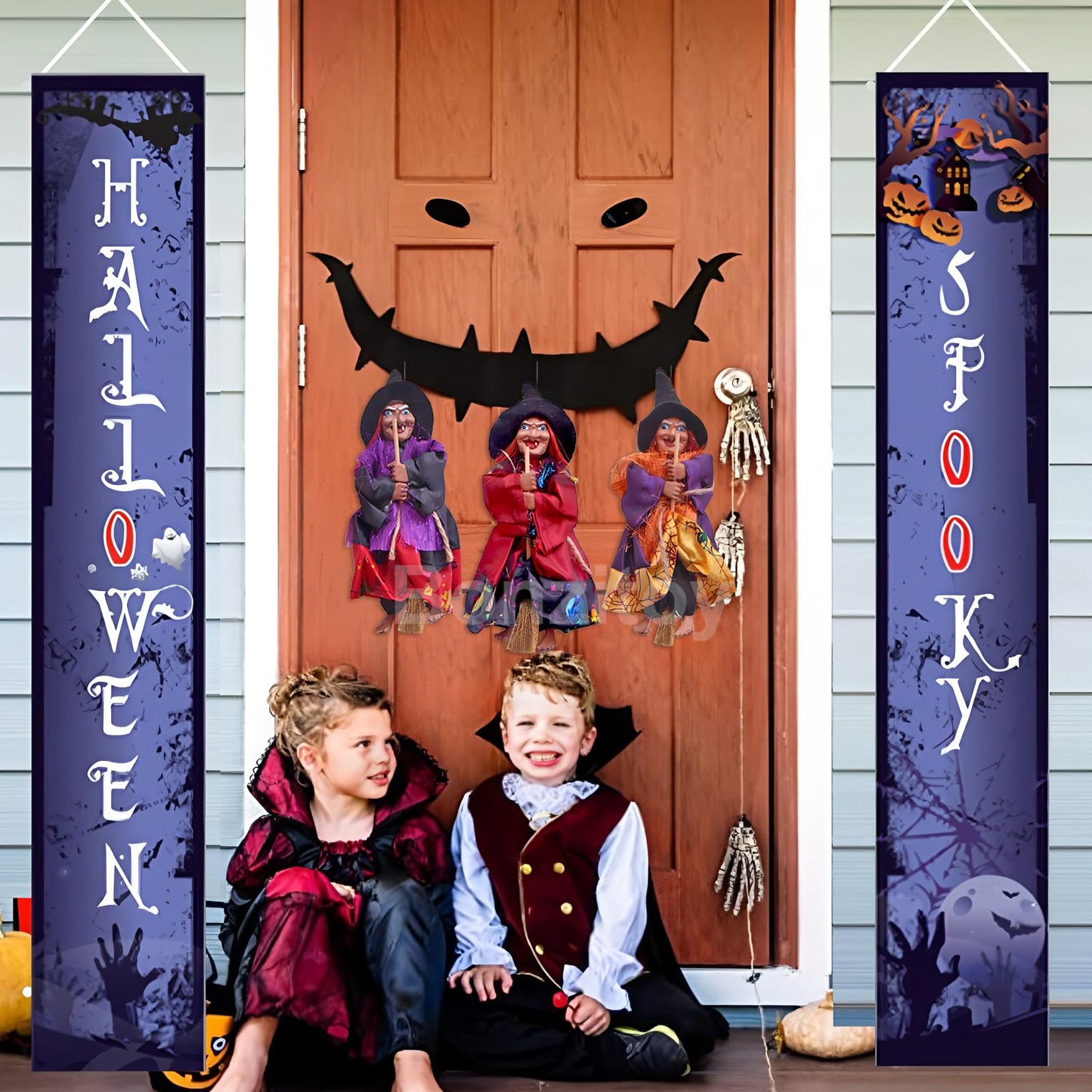Bonzitoy Halloween Witch Ornaments 3 PCS, 8" Flying Witch Figures on Broomsticks, Haunted House Hanging Props